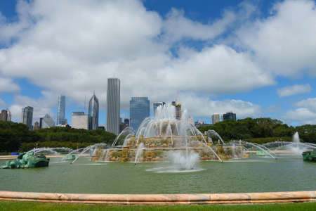 Chicago, USA - September 16, 2018: Panorama of fountain at day time, Buckingham Fountain is a Chicago landmark in the center of Grant Park, dedicated in 1927のeditorial素材