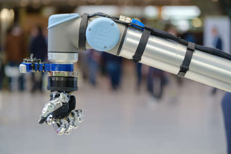 Skolkovo, Russia - April 16, 2019: Robotic hand macro close up at the exhibition