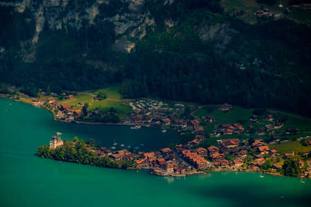 Aerial landscape of Isetwald village on Brienz lake, Switzerlandの写真素材