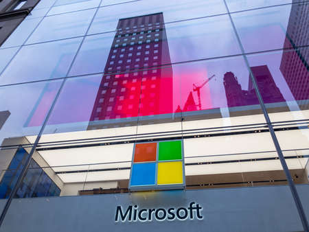 New York, USA - September 6, 2018: Microsoft company logo on facade of brand store on 5th avenue in...