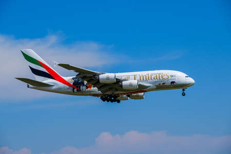 Zurich, Switzerland - July 19, 2018: Emirates airlines airplane taking off at day time in...