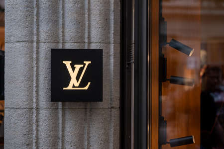 Zurich, Switzerland - July 19, 2018: Louis Vuitton logo at the brand store facadeのeditorial素材