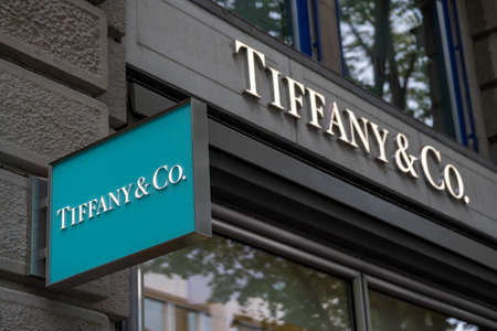Zurich, Switzerland - July 19, 2018: Tiffany company logo at the brand store facade