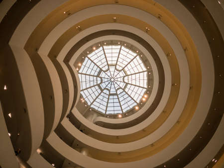 New York City, USA - September 6, 2018: Solomon R. Guggenheim Museum interior bottom view to spiral...