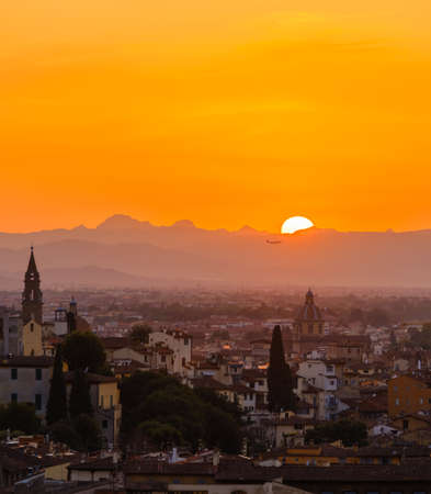 Sunset over the old town of Florence, Italy. Panorama.の写真素材