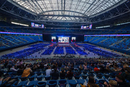 Saint Petersburg, Russia - October 4, 2019: Businessmen attend large educational forum at Gazprom...