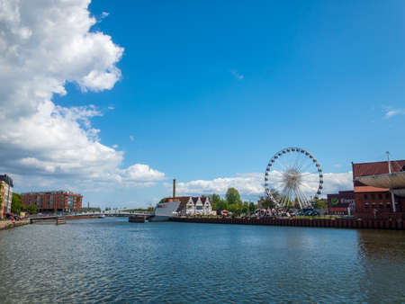 Gdansk, Poland - May 6, 2019: Panoramic landscape of Gdansk old city harbour