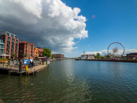Gdansk, Poland - May 6, 2019: Panoramic landscape of Gdansk old city harbourのeditorial素材