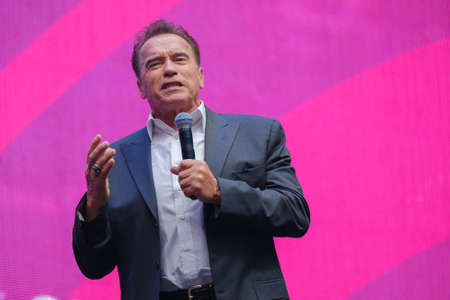 Saint Petersburg, Russia - October 4, 2019: Arnold Schwarzenegger, famous actor, politician and...