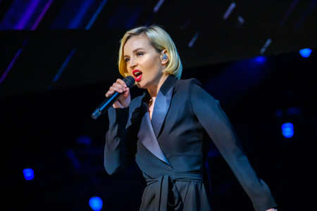 Moscow, Russia - April 23, 2018: Famous Russian singer Polina Gagarina sings in front of...
