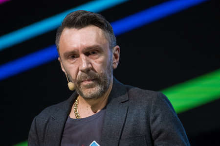 Moscow, Russia - April 23, 2018: Russian rock musician celebrity Sergey Shnurov performs at the business conferenceのeditorial素材