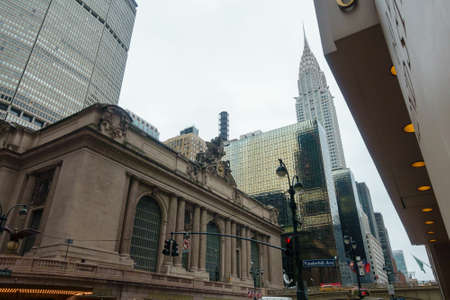 New York, USA - August 12, 2019: Low angle of old Grand Central Railway Station decorated with...