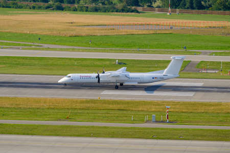 Zurich, Switzerland - July 19, 2018: Eurowings airlines airplanes preparing for take-off at day time in international airportのeditorial素材