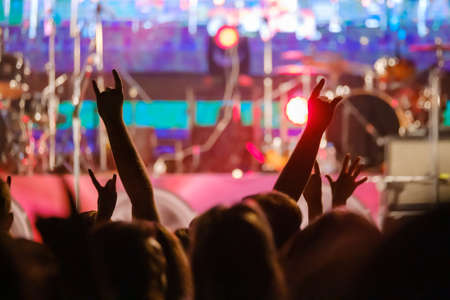 Fans at live rock music concert cheering musicians on stage, back view