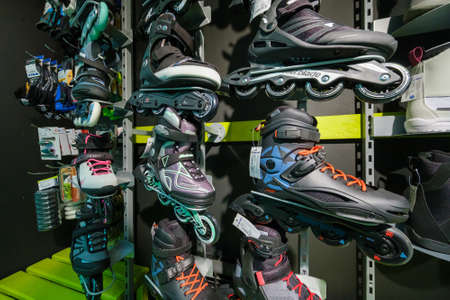 Pyatigorsk, Russia - April 19, 2019: Roller skates for sale in a sporting goods storeのeditorial素材