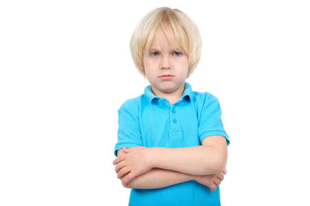 Sad boy portrait isolated in studio on white
