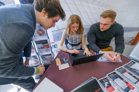 Moscow, Russia - April 19, 2018: Conference visitors converse at hallのeditorial素材