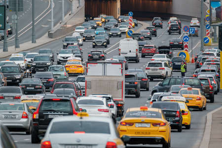 Traffic on a multi-lane road in big city center downtown, day timeのeditorial素材
