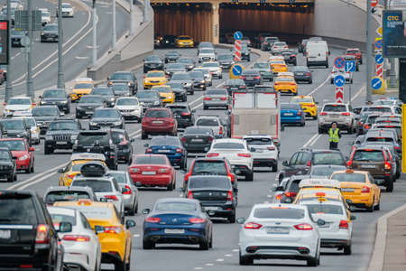 Traffic on a multi-lane road in big city center downtown, day timeのeditorial素材