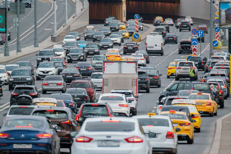 Traffic on a multi-lane road in big city center downtown, day timeのeditorial素材