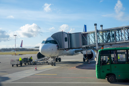Plane during flight preparations on airportのeditorial素材