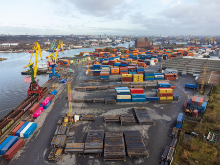 Commercial port near water in cityのeditorial素材