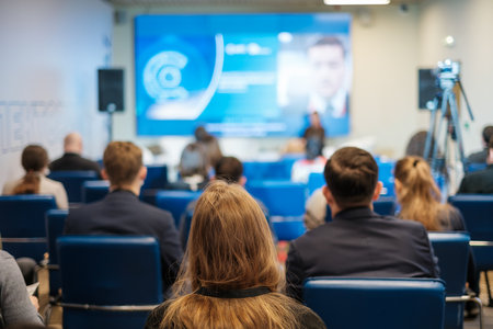 Businesspeople watching online conference in auditoriumの写真素材