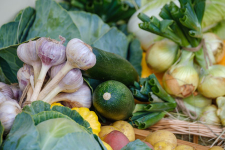 Fresh vegetables in baskets on market