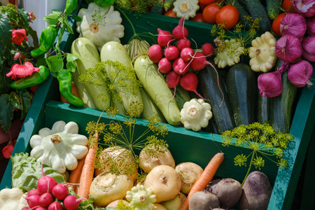 Boxes with various vegetables on marketの写真素材