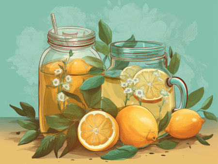 Generative AI illustration of fresh citrus lemonade made of lemons and mint leaves in glass jars placed on tableの素材