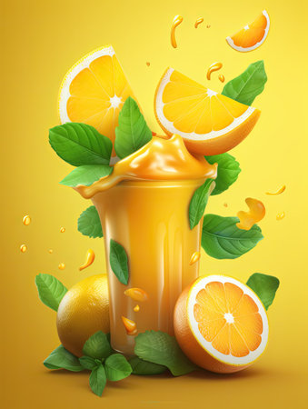 Generative AI illustration of delicious refreshing lemonade in glass made of lemons and mint leaves placed against yellow backgroundの素材
