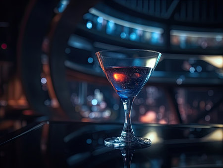 Generative AI illustration of futuristic sparkling cocktail in glass placed on counter against blurred background of spaceshipの素材