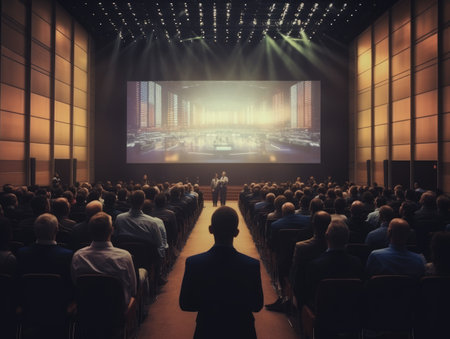 Generative AI illustration of people gathering in hall during business conference and watching video presentation on big screenの素材
