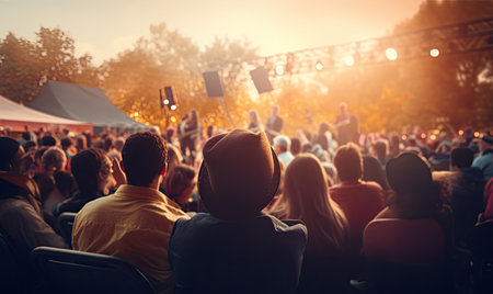 Back view of unrecognizable audience looking away while sitting on chairs listening to music in live concert of performing, standing musicians singers and enjoying in open place during evening timeの素材