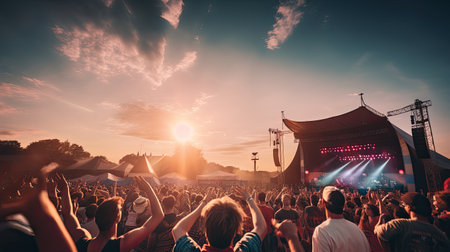 Back view of excited audience looking away while standing in front of illuminated stage in sundown light and loving live concert of music festival, with heart sign against orange sun blue skyの素材