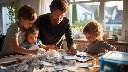 A family actively engaged in sorting recyclable waste inside their house, teaching kids about sustainability.の素材