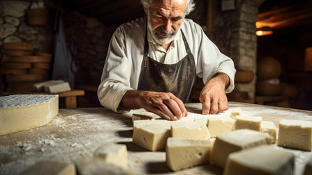 A skilled farmer carefully handcrafts traditional cheese, showcasing the art of cheesemaking in a rustic workshop.の素材