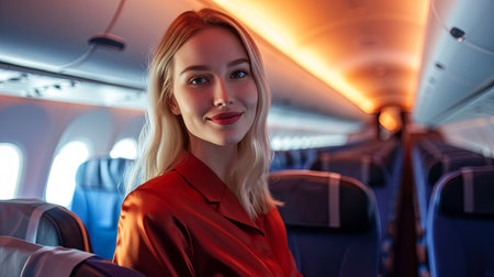 Friendly female flight attendant in uniform standing in airplane aisle, embodying professional airline service.の素材
