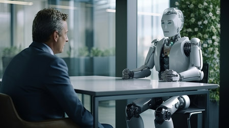 A businessman and a humanoid robot engage in a corporate interview in a sleek, modern meeting room.の素材