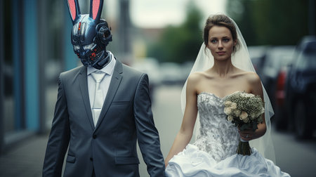 Surreal wedding scene with a bride holding a bouquet and a robot-headed groom in a modern city background.の素材