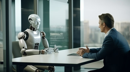 Corporate interview scenario with a businessman discussing with a humanoid robot in a modern office environment.の素材