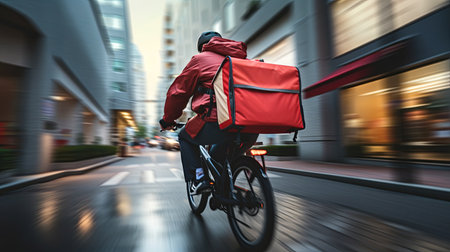 A courier on a bicycle delivers packages in the city, showcasing speed, service, and urban logistics.の素材