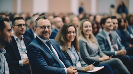 Smiling business people attending a corporate seminar, showing engagement and positivity in a professional setting.の素材