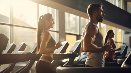 Young adults exercising on treadmills in a well-lit gym, showcasing determination and fitness lifestyle.の素材