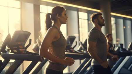 Active adults using treadmills at a fitness center, showcasing health and consistency in their workout routines.の素材