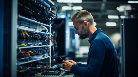 Focused IT professional adjusting equipment in server room. Concept of data management and technology.の素材