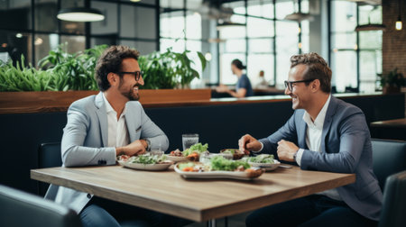 Smiling businessmen sharing a meal in a casual dining setting, reflecting a break from the workplace dynamics.の素材