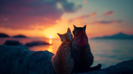 A heartwarming scene of two cats sitting side by side, watching a vibrant sunset over calm sea waters.の素材