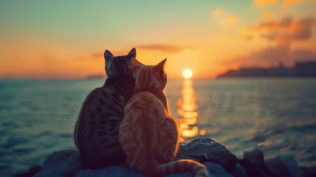 Two cats sitting close on a rock, gazing at the sunset over the sea, encapsulating companionship.の素材