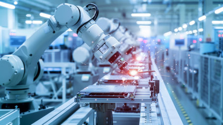 Robotic automation in manufacturing solar panels, reflecting advanced technology and industry 4.0 concepts in a factory setting.の素材
